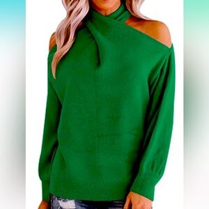 Green Off Shoulder Sweater Top Crossed V- Neck Long sleeve